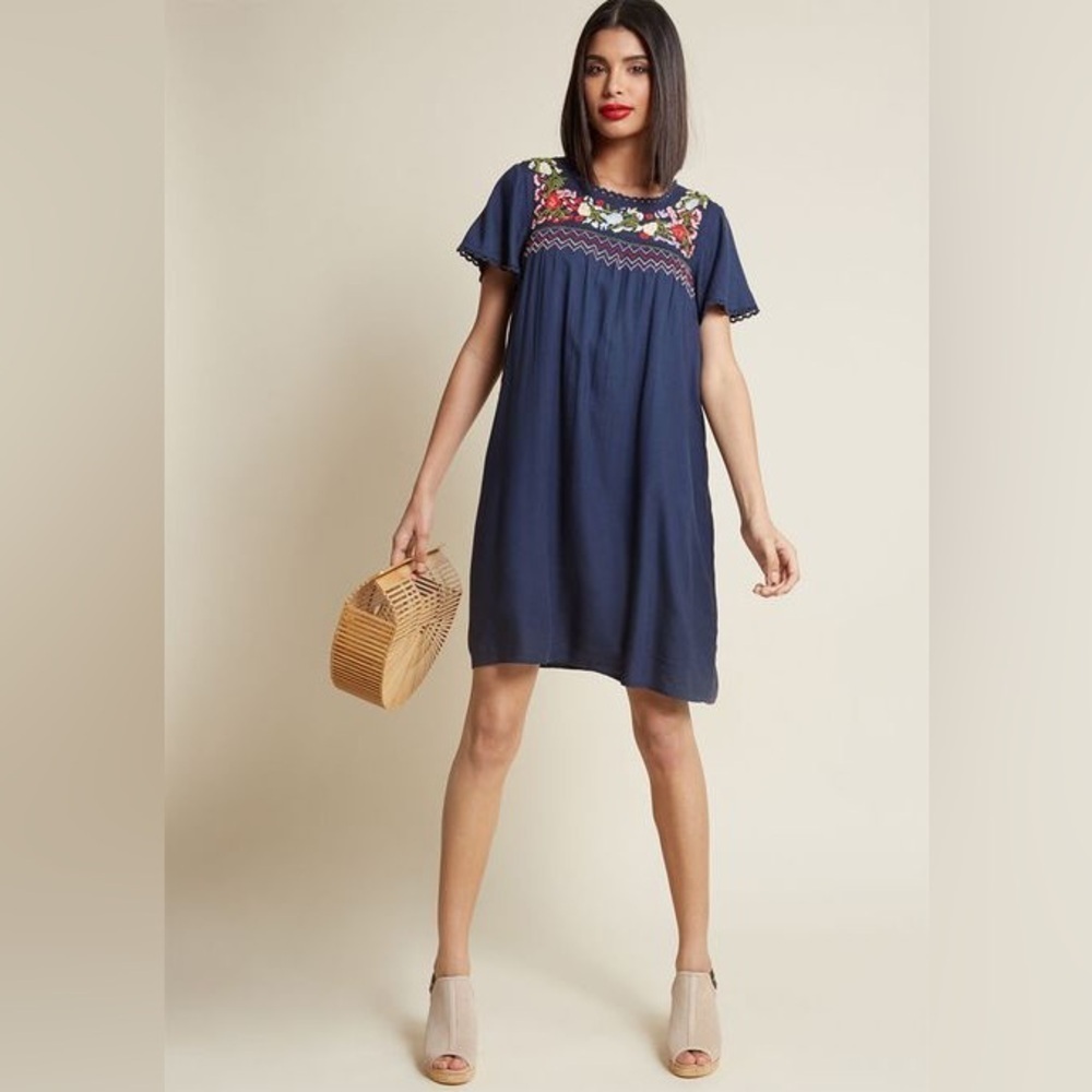 Modcloth Navy mini Dress with Floral Embroidery pattern size XS